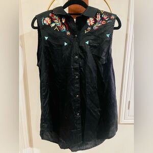 Ariat Black Sleeveless Button-Front Western Embroidered Top
